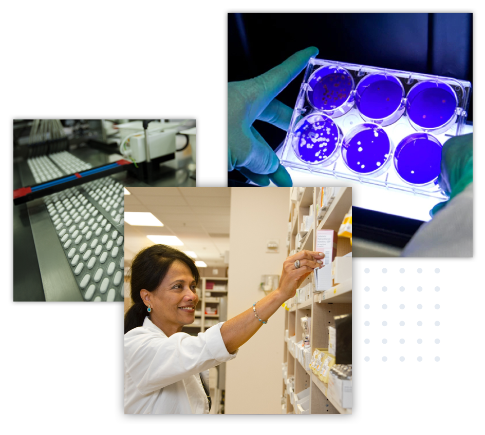 Collage of scientific imagery: medicine on a conveyor belt, a pharmacist reaching for medicine from the pharmacy shelf, and an assay tray.