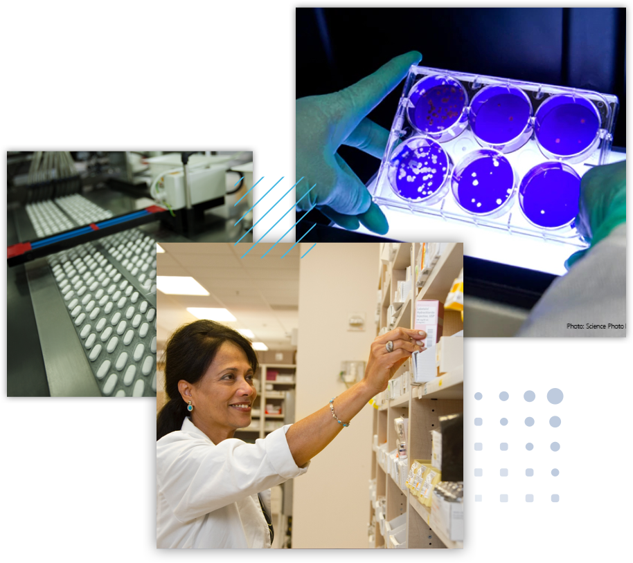 Collage of scientific imagery: medicine on a conveyor belt, a pharmacist reaching for medicine from the pharmacy shelf, and an assay tray.